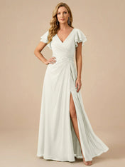 Sage Green V-Neck High-Slit Pleated Chiffon Dress