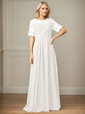 A Line Chiffon Scoop Neck Short Sleeves Floor Length Mother of the Bride Dresses