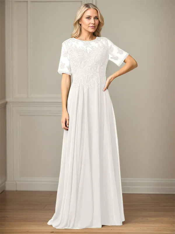A Line Chiffon Scoop Neck Short Sleeves Floor Length Mother of the Bride Dresses