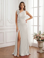 Olive Green Pleated One-Shoulder Prom Dress with 3D Rosettes