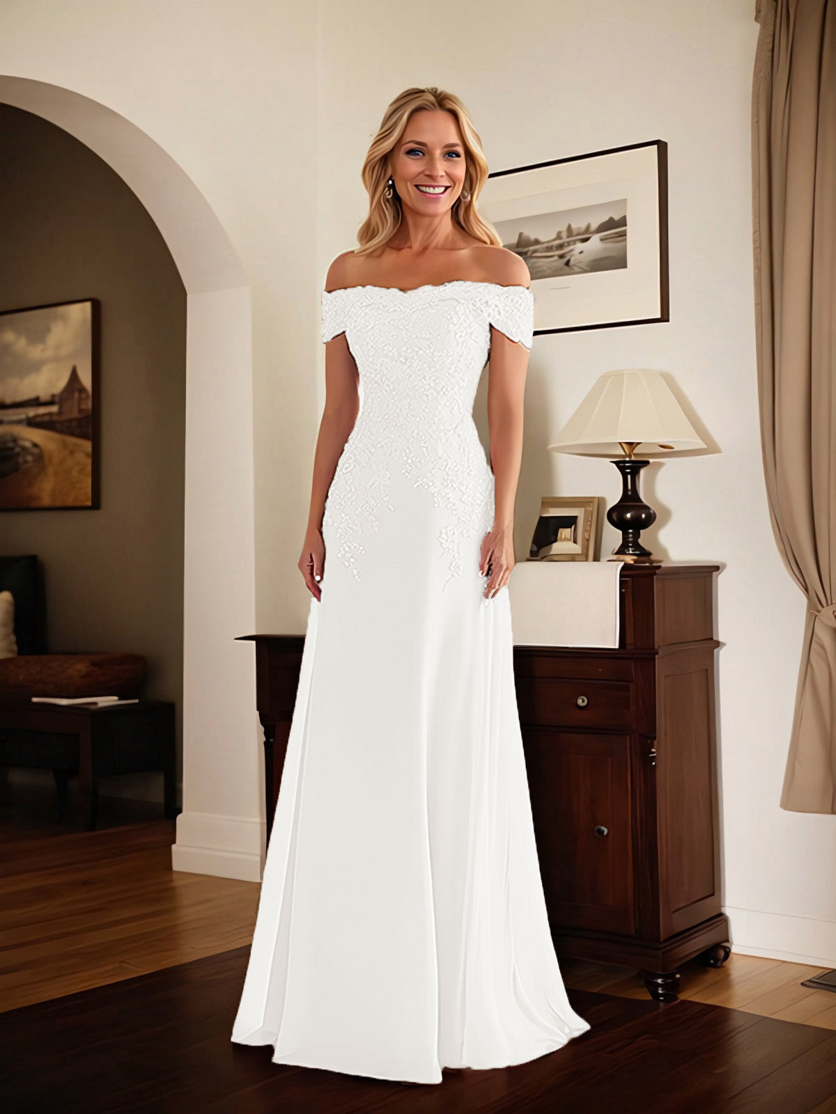 Elegant Taupe Off The Shoulder Sheath Mother of the Bride Dress with Lace