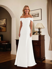 Elegant Taupe Off The Shoulder Sheath Mother of the Bride Dress with Lace