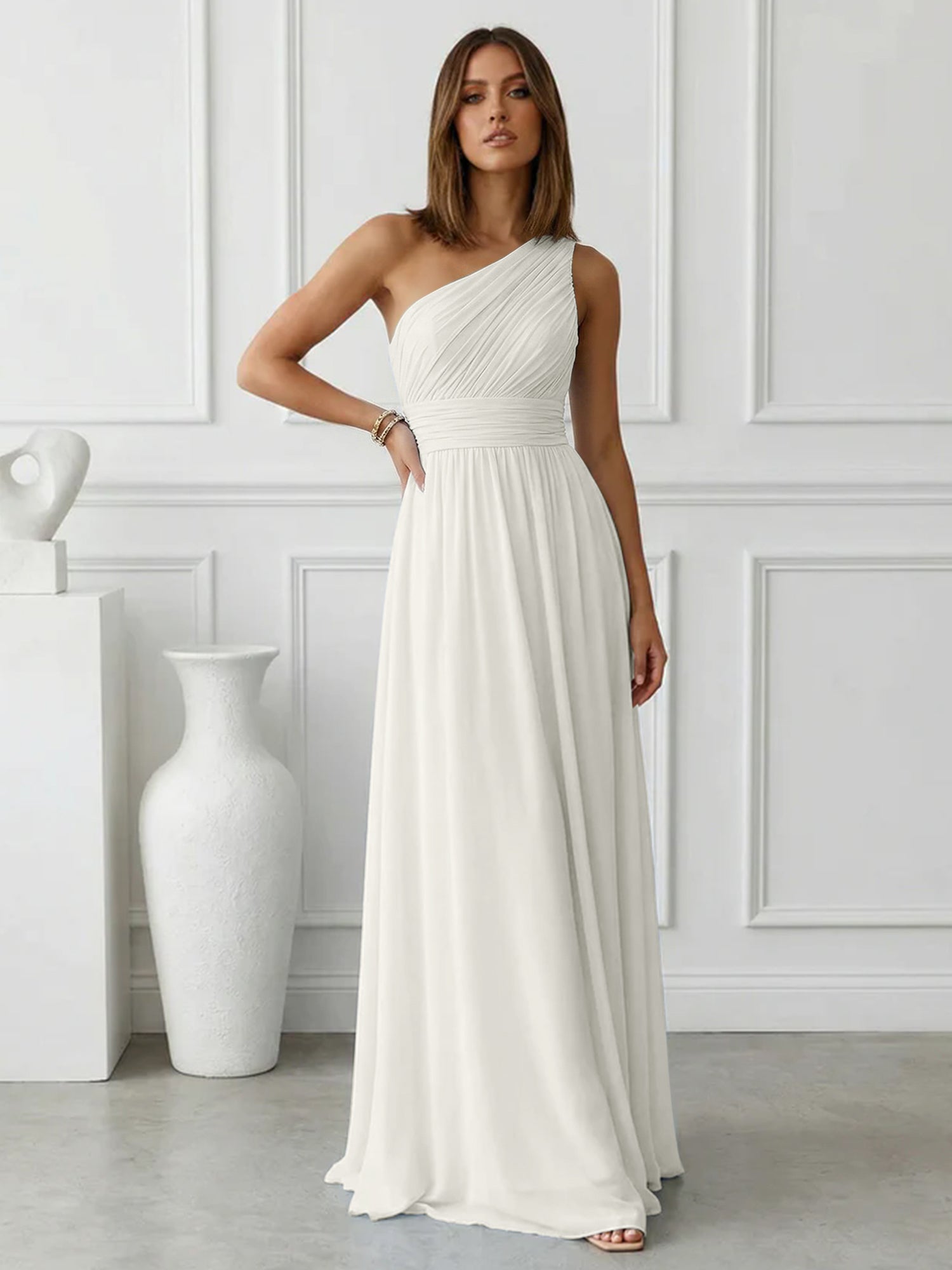 Timeless Light Blue One-Shoulder Maxi Dress Ruched Chiffon Gown