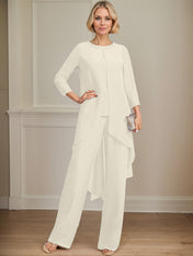 Separates Jumpsuit/Pantsuit Scoop Floor-Length Chiffon Mother of the Bride Dress With Sequins Beading