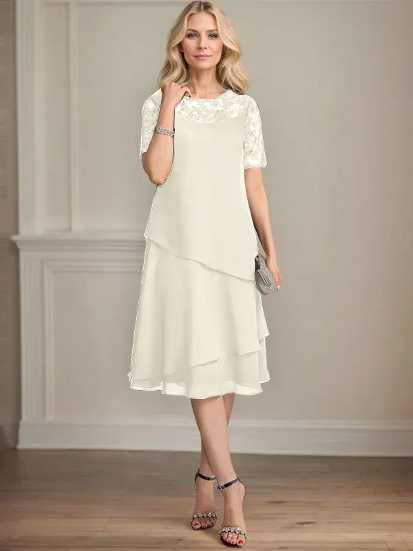 A-line Scoop Illusion Knee-Length Lace Chiffon Mother of the Bride Dress With Sequins