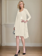 Sheath/Column Sweetheart Knee-Length Chiffon Mother of the Bride Dress With Beading Appliques Lace Sequins Pleated