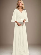 A-line V-Neck Floor-Length Chiffon Mother of the Bride Dress With Cascading Ruffles Crystal Brooch