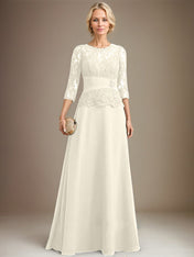 A-line Scoop Illusion Floor-Length Chiffon Lace Mother of the Bride Dress With Pleated Sequins Beading
