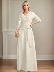 A-line V-Neck Floor-Length Lace Chiffon Mother of the Bride Dress With Cascading Ruffles Sequins