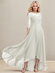 A-line Scoop Illusion Asymmetrical Lace Chiffon Mother of the Bride Dress With Pleated Sequins