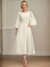 A-line Scoop Tea-Length Chiffon Mother of the Bride Dress With Crystal Brooch Pleated