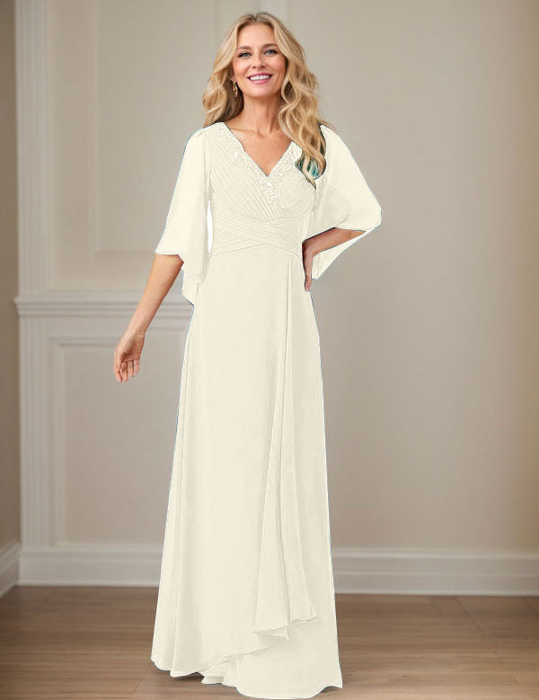 Robe mère de la mariée longue en mousseline à paillettes et col en V