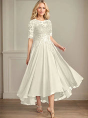 A-line Scoop Illusion Asymmetrical Chiffon Lace Mother of the Bride Dress With Sequins