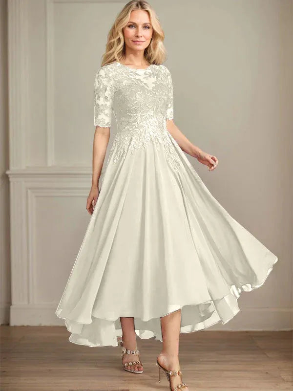 Robe de mère de la mariée asymétrique en mousseline de soie et dentelle, coupe trapèze, décolleté en V, illusion, avec paillettes 