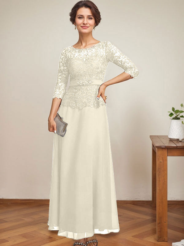 A-line Scoop Illusion Ankle-Length Chiffon Lace Mother of the Bride Dress With Rhinestone Beading