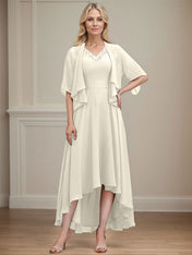 A-line V-Neck Asymmetrical Chiffon Mother of the Bride Dress With Beading Sequins