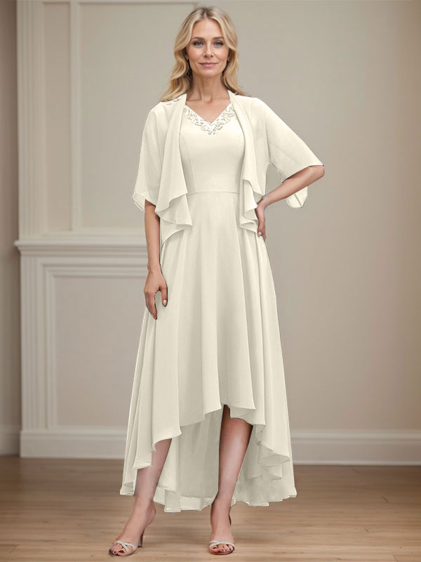 A-line V-Neck Asymmetrical Chiffon Mother of the Bride Dress With Beading Sequins