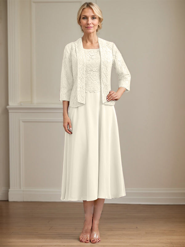 A-line Scoop Tea-Length Lace Chiffon Mother of the Bride Dress