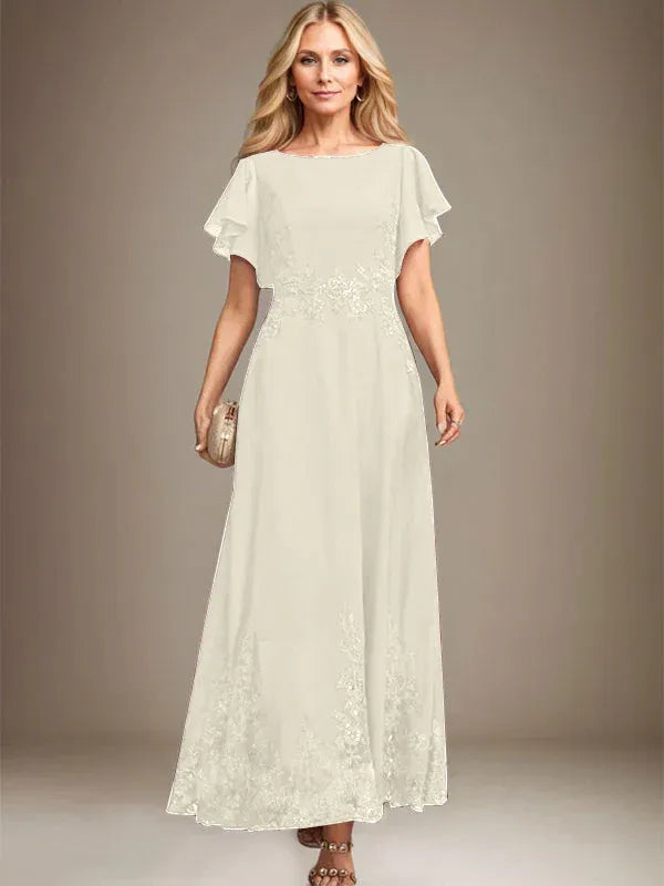 Robe de mère de la mariée trapèze en mousseline de soie et dentelle, longueur cheville, avec paillettes 