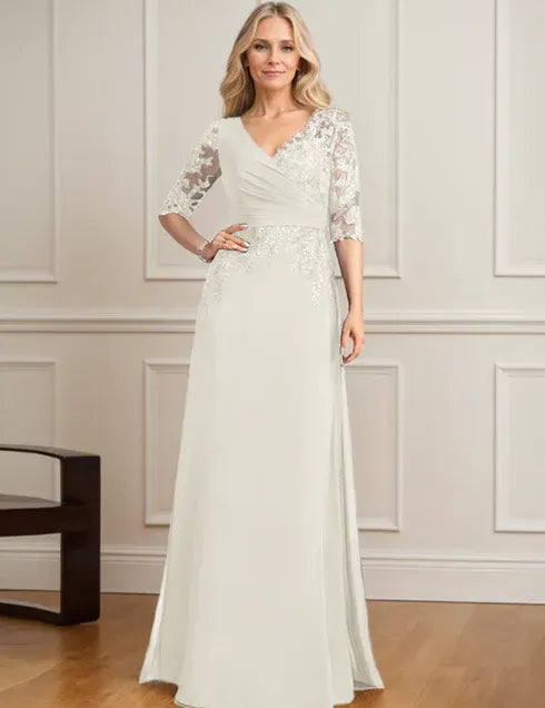 Robe de mère de la mariée trapèze, col en V, longueur au sol, en mousseline de soie et dentelle, avec sequins plissés 