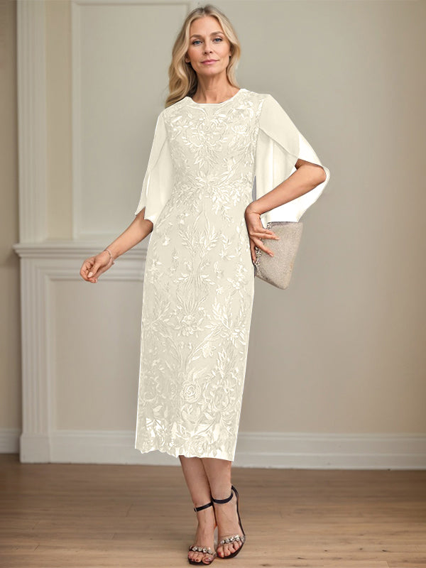 Column Scoop Tea-Length Lace Chiffon Mother of the Bride Dress