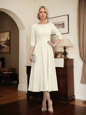 A-line Scoop Illusion Tea-Length Chiffon Lace Mother of the Bride Dress With Beading Sequins