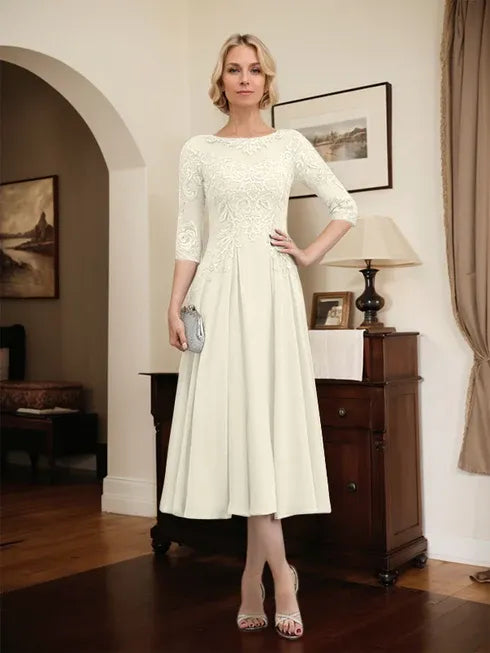 A-line Scoop Illusion Tea-Length Chiffon Lace Mother of the Bride Dress With Beading Sequins