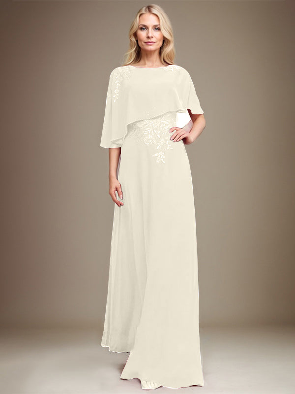 A-line Scoop Floor-Length Chiffon Lace Mother of the Bride Dress With Sequins Beading