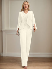 Separates Jumpsuit/Pantsuit V-Neck Floor-Length Chiffon Mother of the Bride Dress