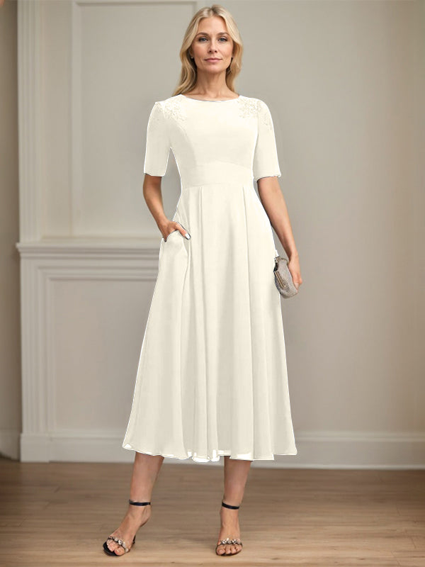 A-line Scoop Tea-Length Chiffon Mother of the Bride Dress With Appliques Lace Sequins
