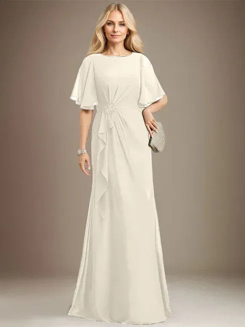 A-line Scoop Floor-Length Chiffon Mother of the Bride Dress With Cascading Ruffles Beading Sequins