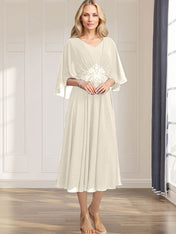 A-line V-Neck Tea-Length Chiffon Mother of the Bride Dress With Pleated Sequins Appliques Lace Beadind