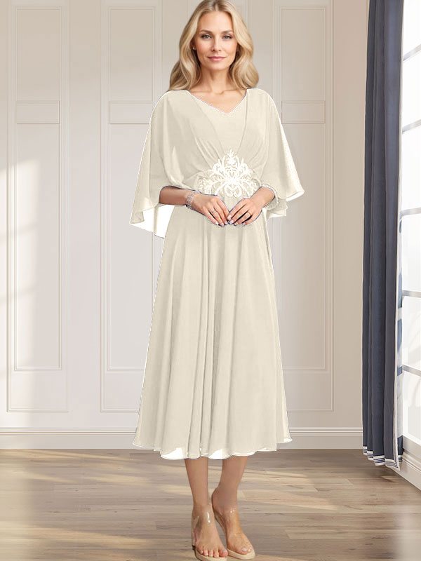 A-line V-Neck Tea-Length Chiffon Mother of the Bride Dress With Pleated Sequins Appliques Lace Beadind