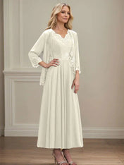 A-line V-Neck Ankle-Length Chiffon Mother of the Bride Dress With Sequins Appliques Lace Beading