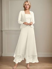 Robe de mère de la mariée en mousseline de soie, longueur cheville, avec sequins, combinaison/tailleur carré 