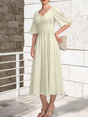 A-line V-Neck Tea-Length Lace Chiffon Mother of the Bride Dress With Pleated