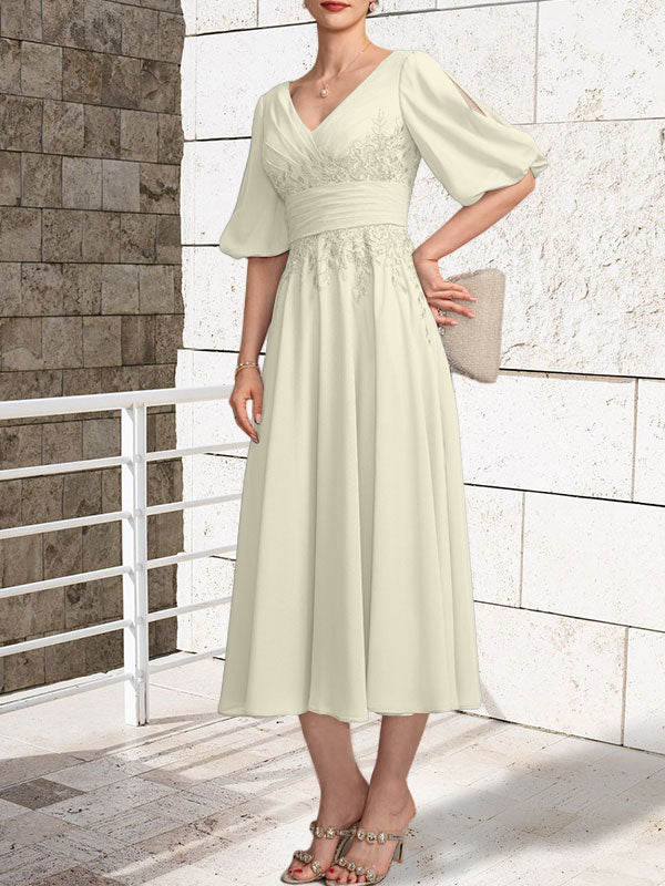 A-line V-Neck Tea-Length Lace Chiffon Mother of the Bride Dress With Pleated