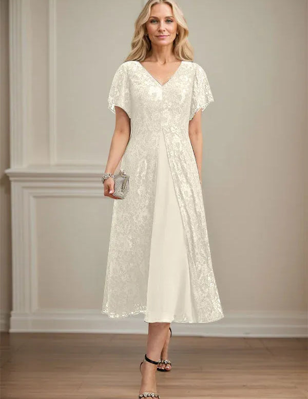 A-line V-Neck Tea-Length Lace Chiffon Mother of the Bride Dress