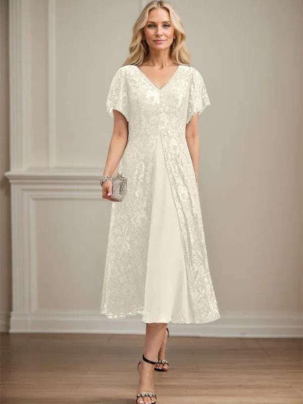 Robe de mère de la mariée en mousseline de soie, coupe trapèze, col en V et longueur thé 