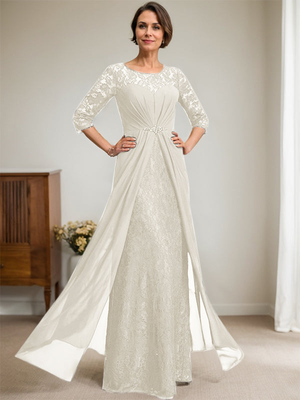 A-Line Scoop Illusion Floor-Length Lace Chiffon Mother Of the Bride Dress With Beading Ruffles