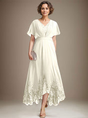 A-line V-Neck Asymmetrical Lace Chiffon Mother of the Bride Dress With Pleated
