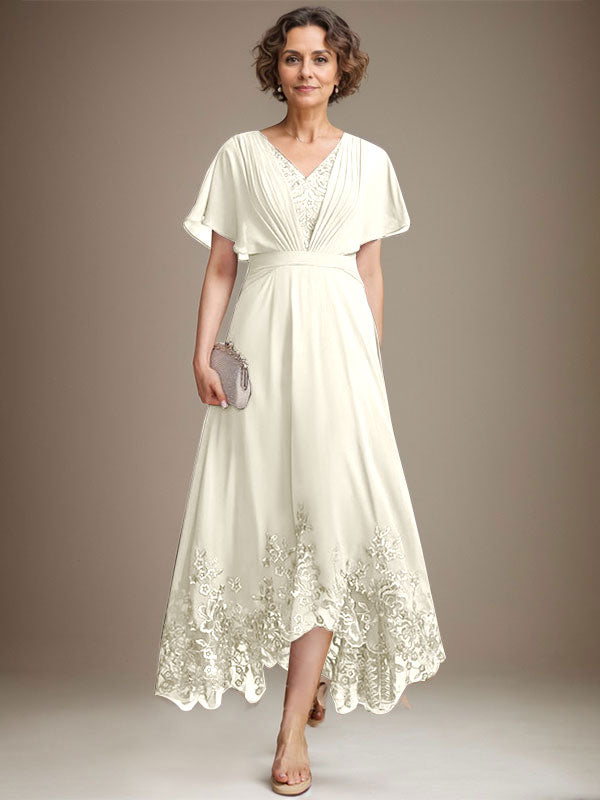 A-line V-Neck Asymmetrical Lace Chiffon Mother of the Bride Dress With Pleated