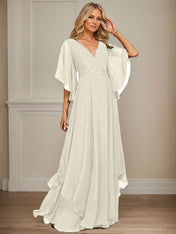 A-line V-Neck Floor-Length Chiffon Mother of the Bride Dress With Sequins Appliques Lace Beading