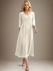 A-line V-Neck Tea-Length Chiffon Lace Mother of the Bride Dress With Beading