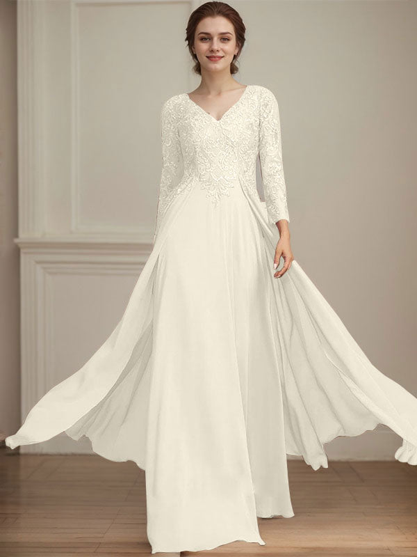 A-line V-Neck Floor-Length Lace Chiffon Mother of the Bride Dress With Sequins