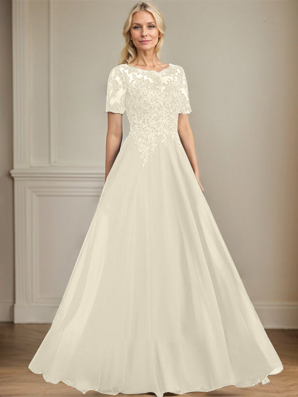 A-line Scoop Illusion Floor-Length Chiffon Lace Mother of the Bride Dress With Sequins Beading