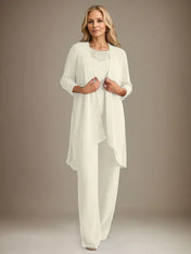 Chiffon Scoop Long Sleeves Mother Of The Bride Pantsuits With Jacket