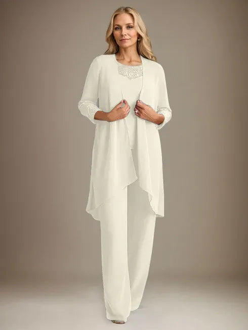Chiffon Scoop Long Sleeves Mother Of The Bride Pantsuits With Jacket