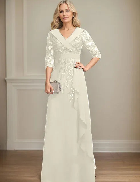 Robe de mère de la mariée trapèze, col en V, longueur au sol, en mousseline de soie et dentelle, avec volants en cascade et paillettes 