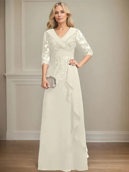 A-line Collared V-Neck Floor-Length Lace Chiffon Mother of the Bride Dress With Sequins Cascading Ruffles